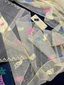 Baby yellow halfsilk jamdani saree with blue pink baby yellow threads work.