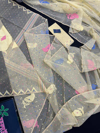 Baby yellow halfsilk jamdani saree with blue pink baby yellow threads work.