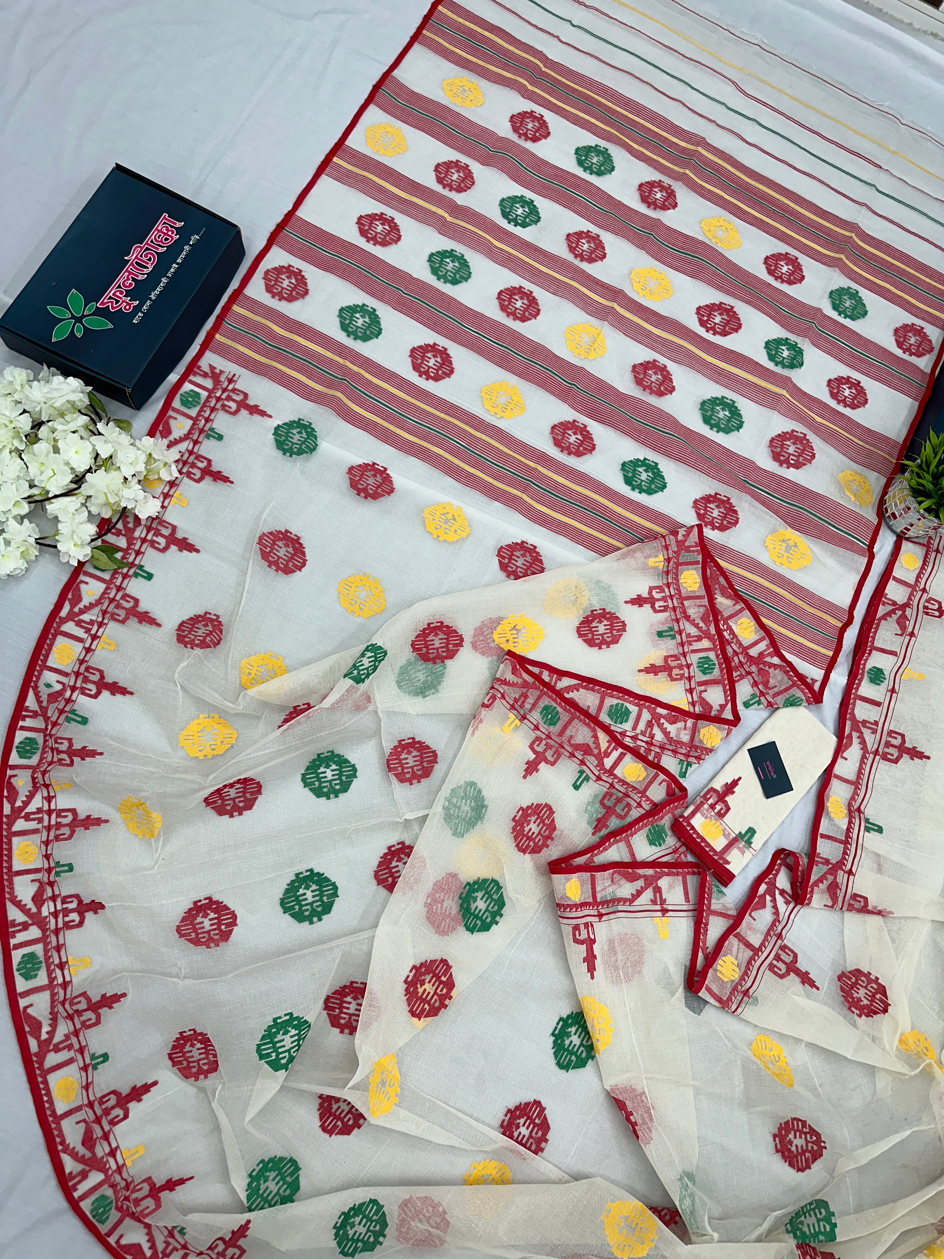 White multi cotton jamdani saree