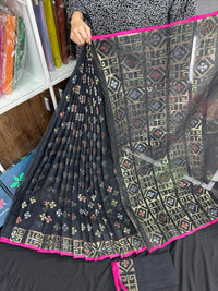 Black jamdani saree with golden silver and copper jori work and pink border