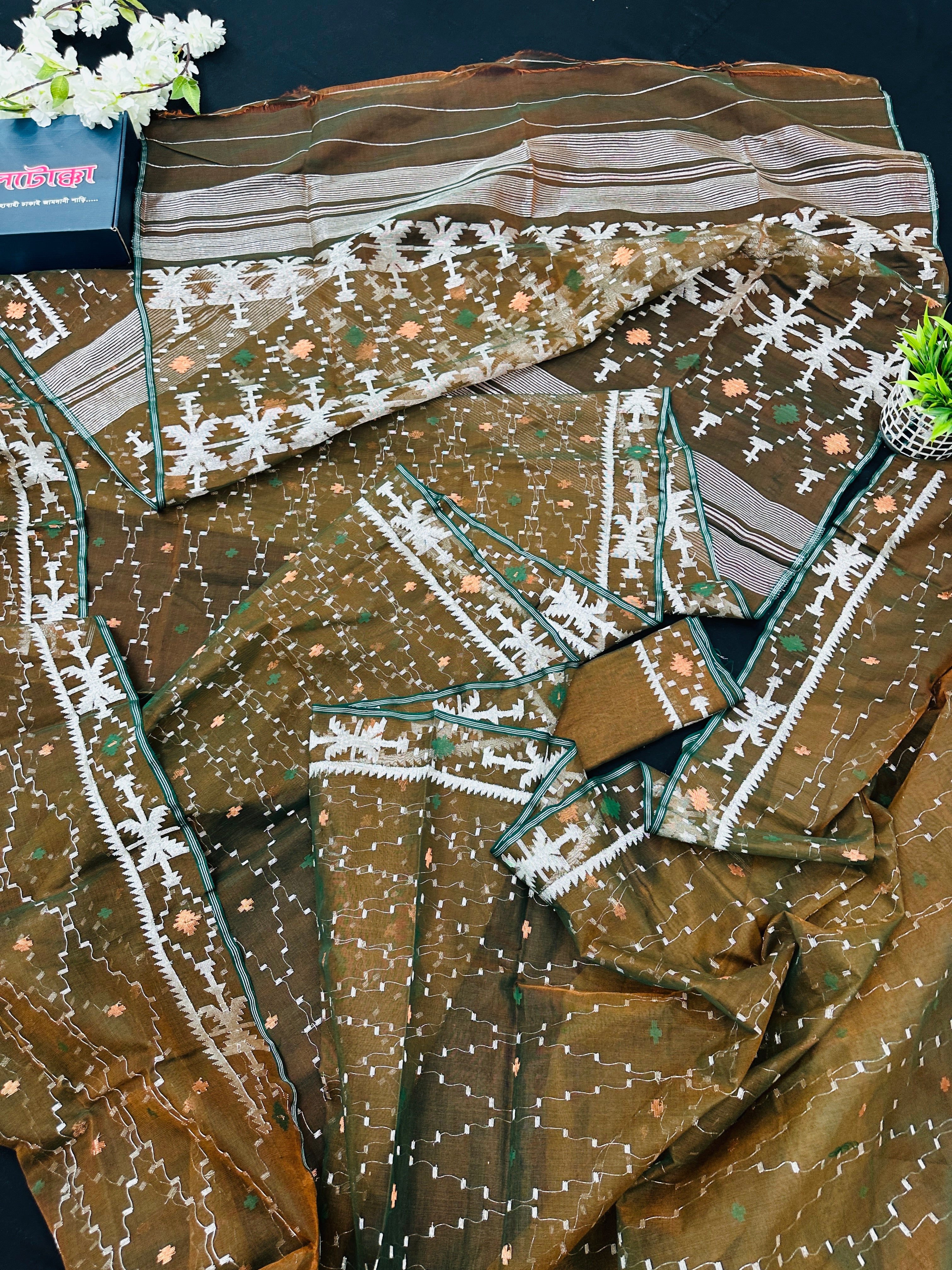 Mehendi Brown Original Handloom Halfsilk Dhakai Jamdani Sarww With Silver Jori Work & Orange Threads Work