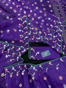 Purple halfsilk jamdani saree golden silver & copper jori work all over soft count.