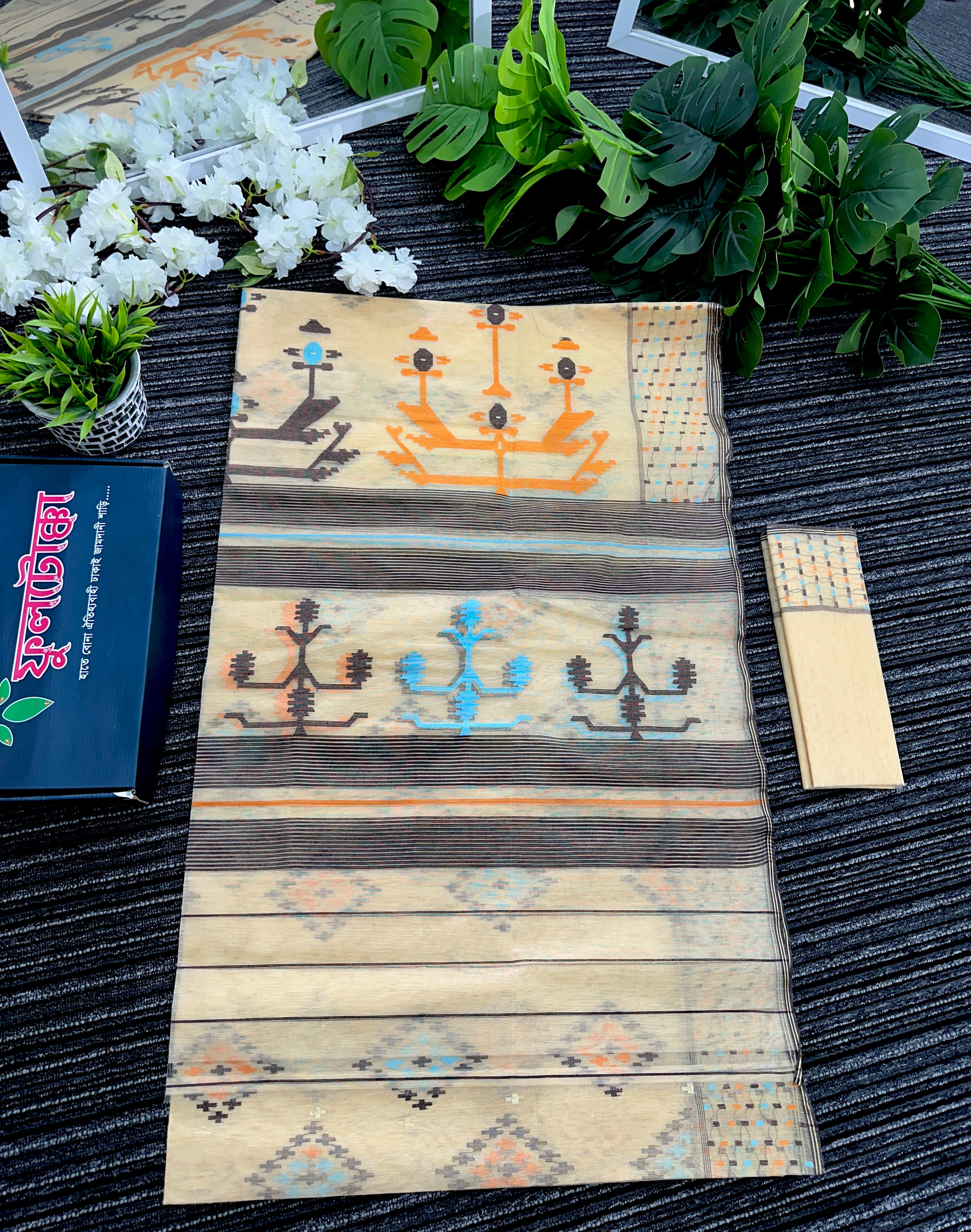 Beige Golden halfsilk jamdani saree with black orange blue threads work