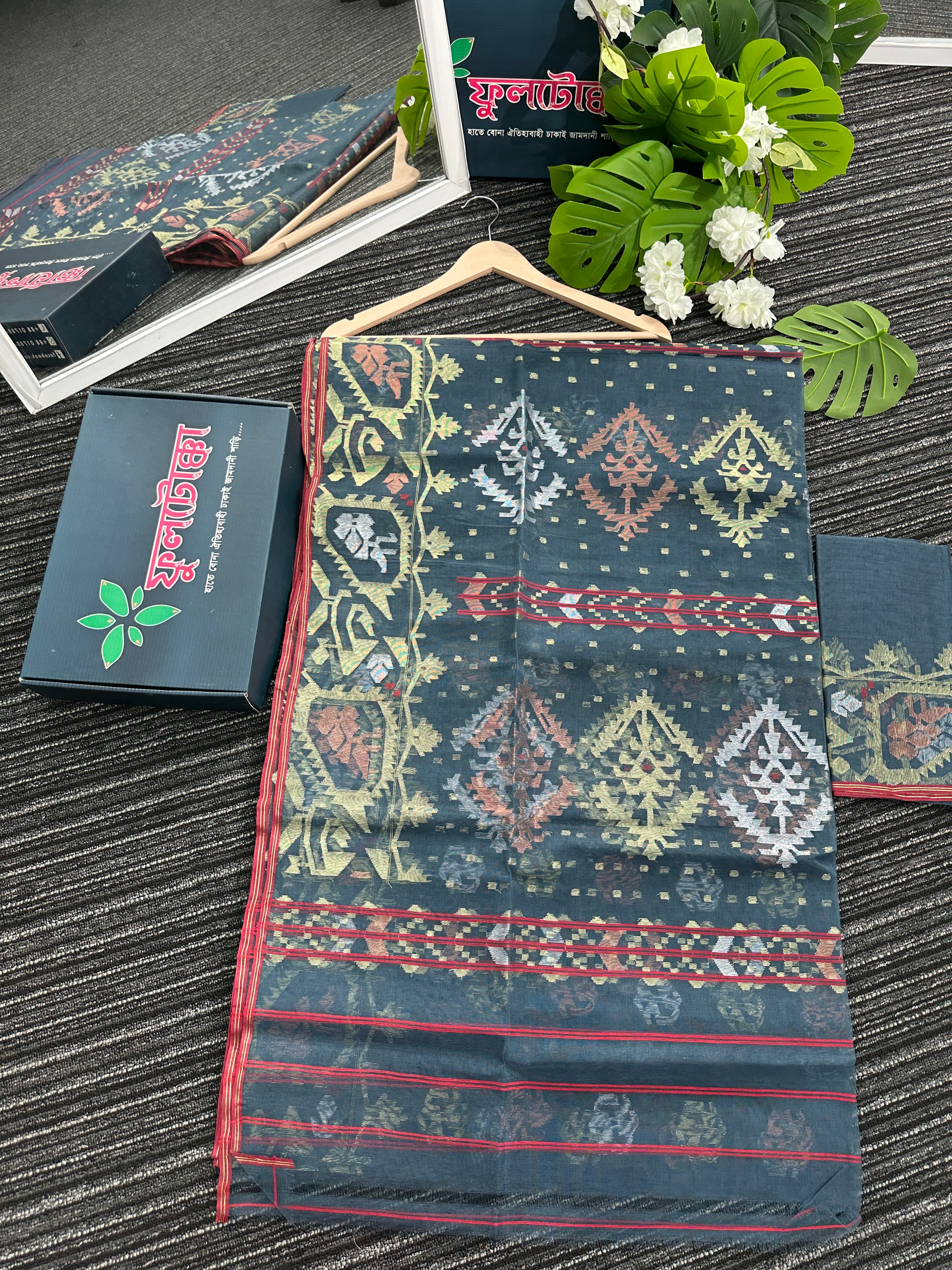 Ash blue exclusive halfsilk jamdani saree with golden silver & copper jori work