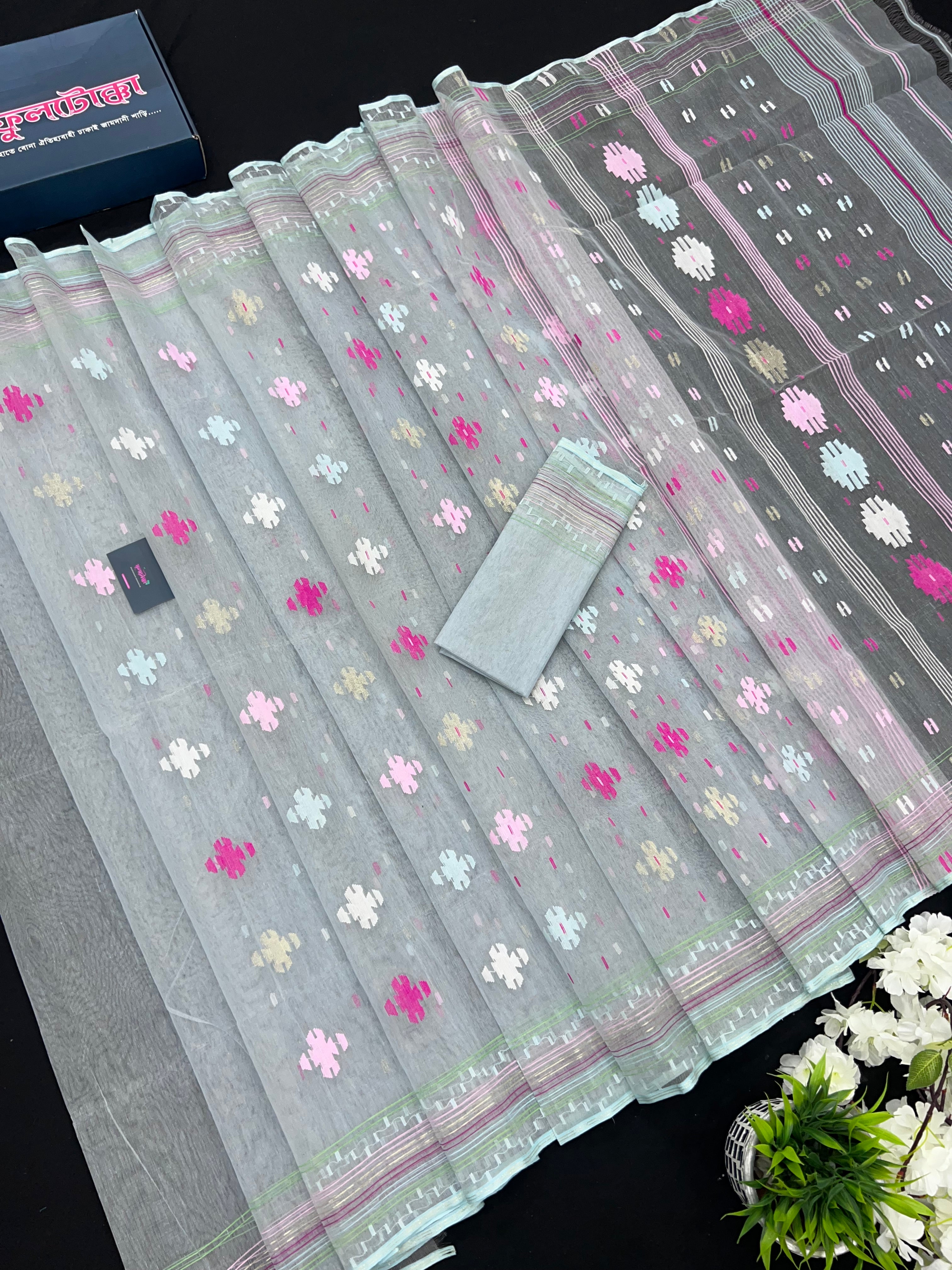 Light Blue Original Handloom Halfsilk Dhakai Jamdani Saree With Pink Blue Off White Threads Work