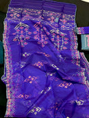 Purple exclusive jamdani saree with golden silver and copper jori work.