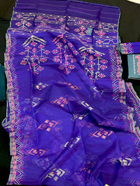 Purple exclusive jamdani saree with golden silver and copper jori work.
