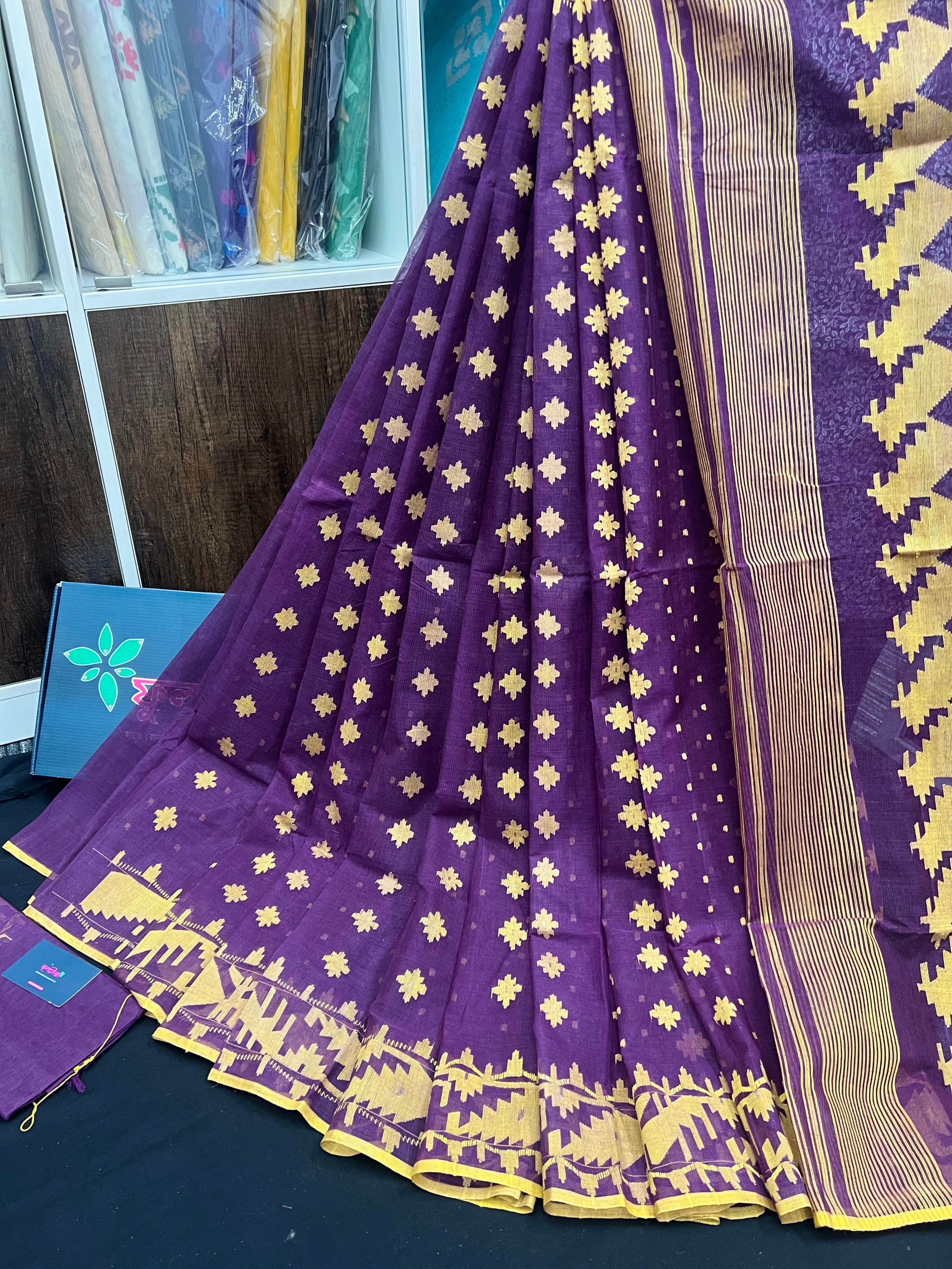 Purple Cotton Jamdani Saree With Yellow Threads Work