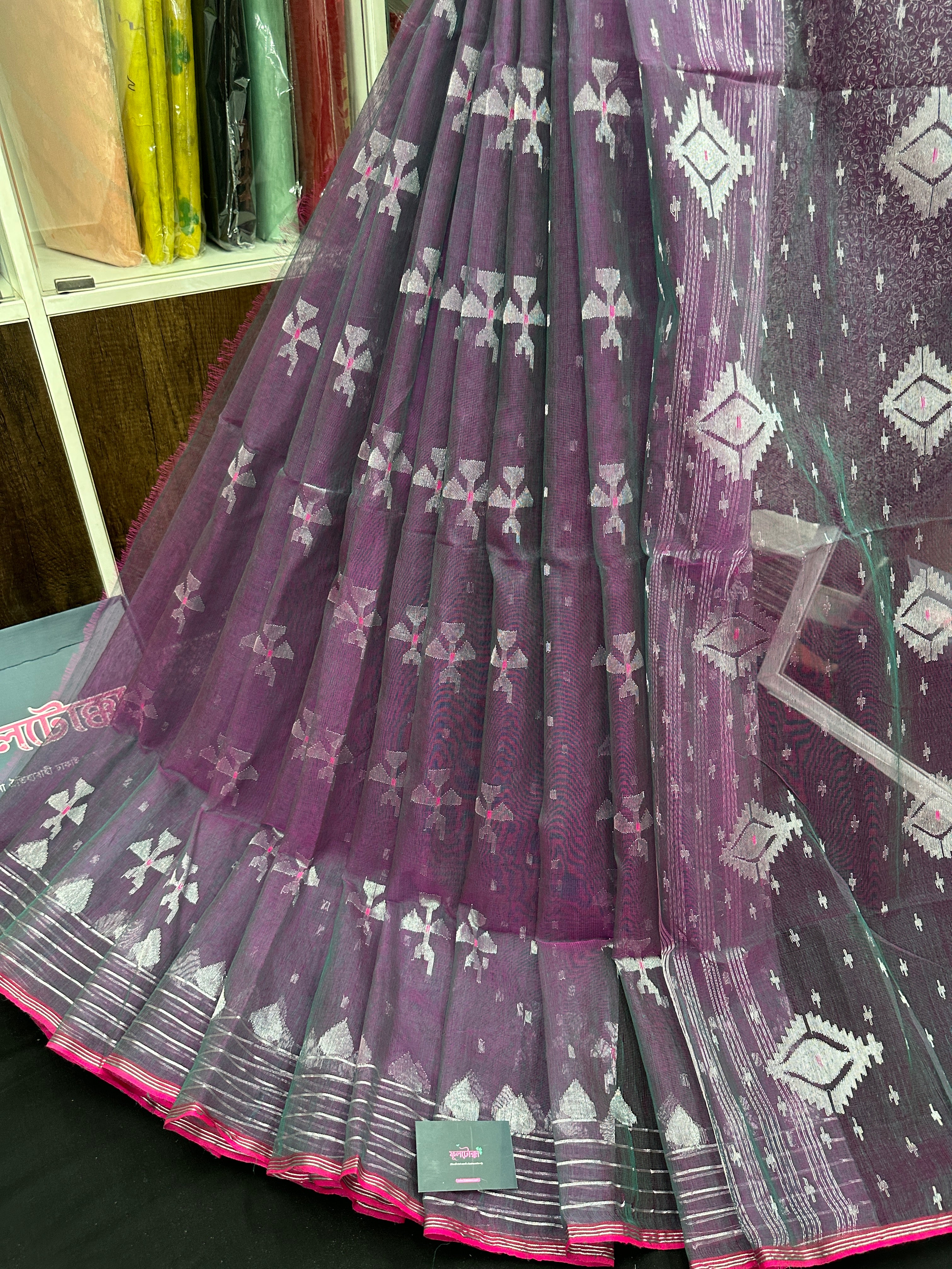 Dual Toned Original Handloom Halfsilk Dhakai Jamdani Saree With Silver Jori Work