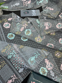 Ash jamdani saree with pink blue and with threads work and golden jori work.