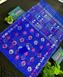 Royal blue halfsilk jamdani sari with golden silver copper pink jori work