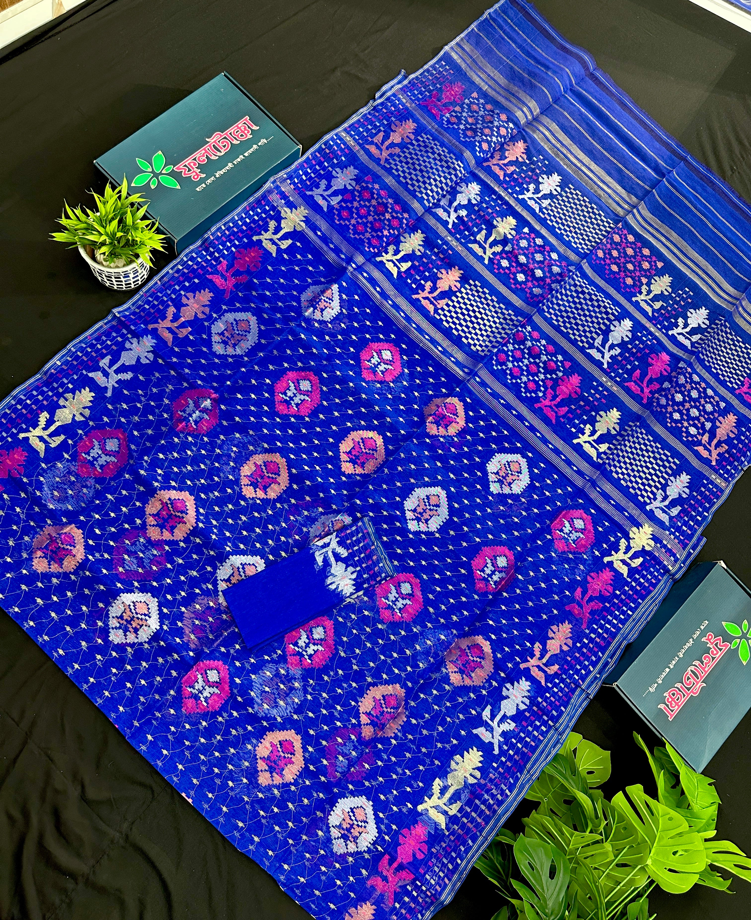 Royal blue halfsilk jamdani sari with golden silver copper pink jori work