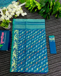 Sea green dual toned halfsilk jamdani with golden silver & copper jori work