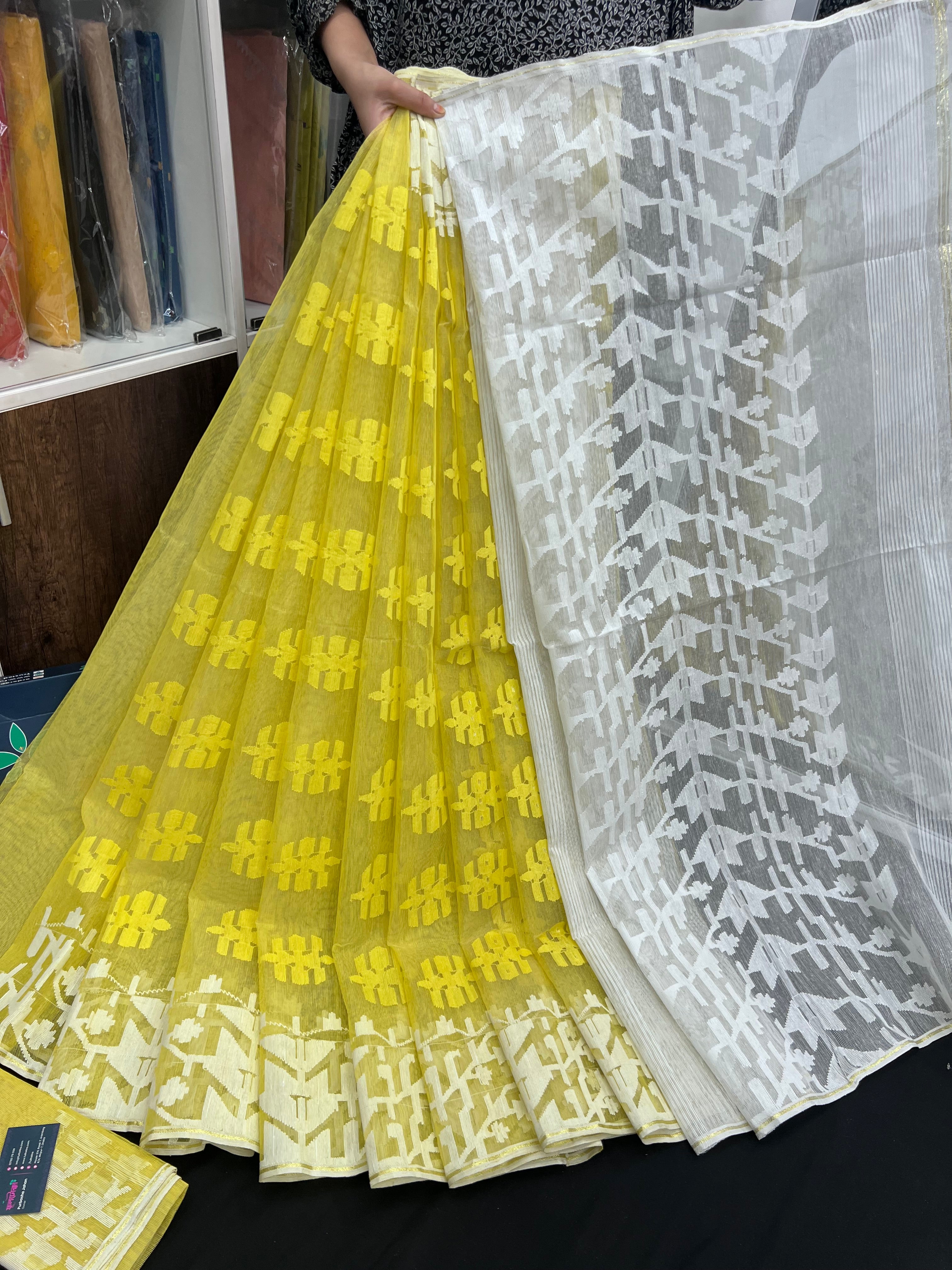 Yellow Colour Original Handloom Halfsilk Dhakai Jamdani With White Threads Work