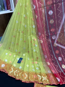 Green & Orange Colour Original Handloom Halfsilk Dhakai Jamdani With Golden Silver & Copper Jori Work