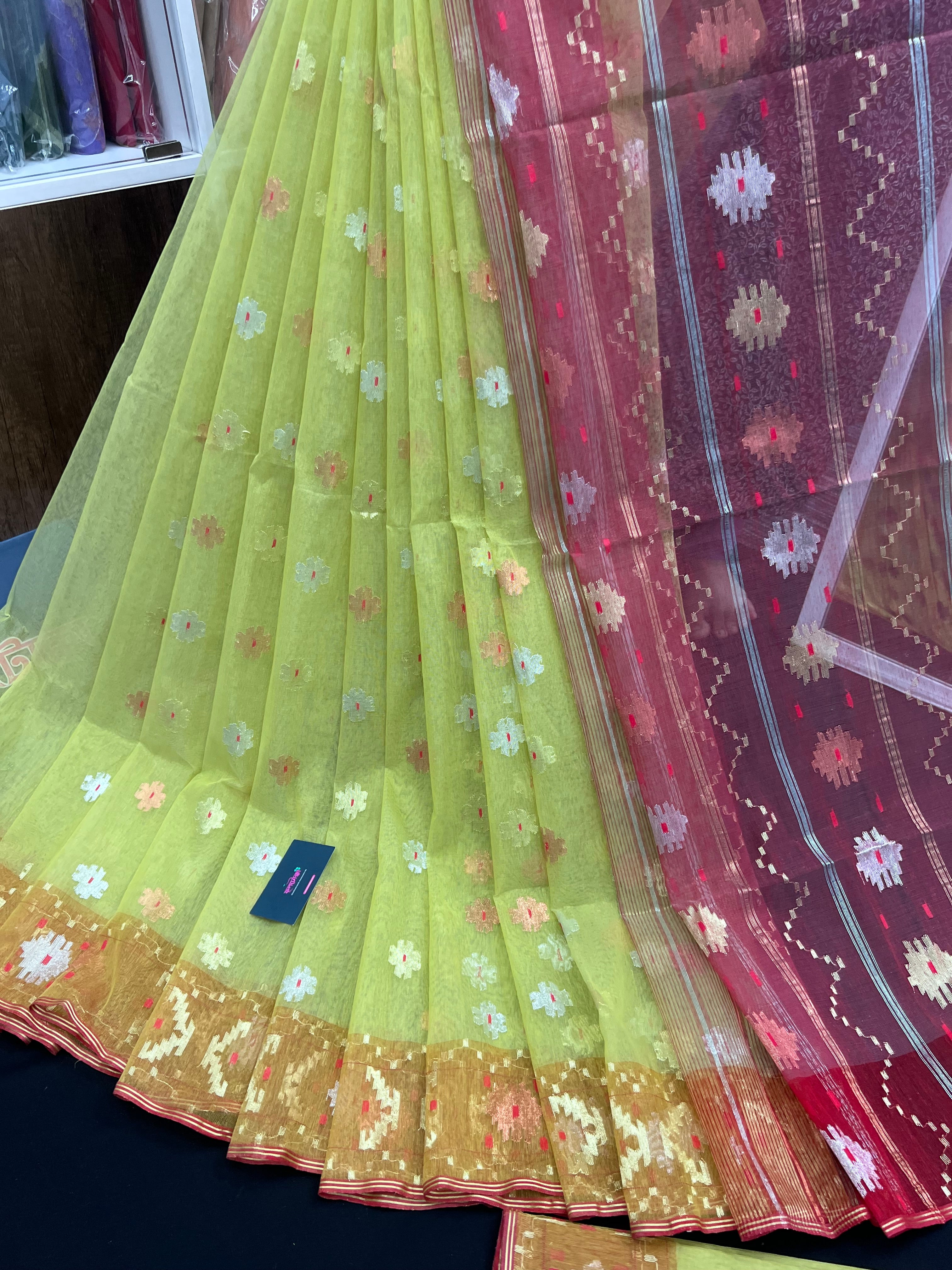 Green & Orange Colour Original Handloom Halfsilk Dhakai Jamdani With Golden Silver & Copper Jori Work