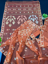 Brick orange halfsilk handloom original dhakai Jamdani saree with golden silver & copper jori work