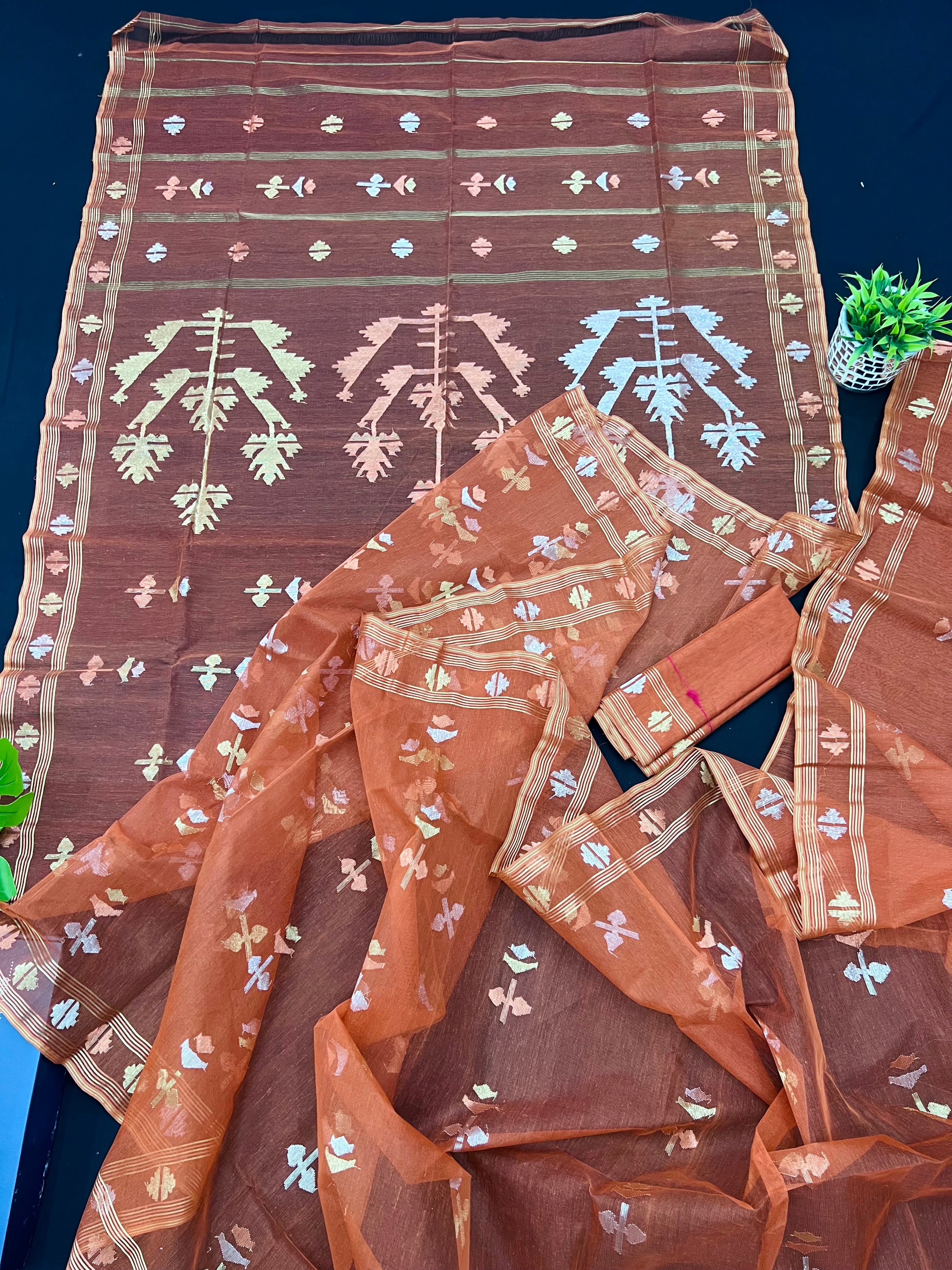Brick orange halfsilk handloom original dhakai Jamdani saree with golden silver & copper jori work