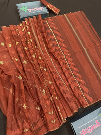 Mehendi brown jamdani saree with golden work.