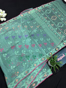 Bright Teal Blue dhakai Jamdani saree with pink border all over work soft count.