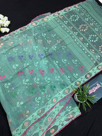 Bright Teal Blue dhakai Jamdani saree with pink border all over work soft count.