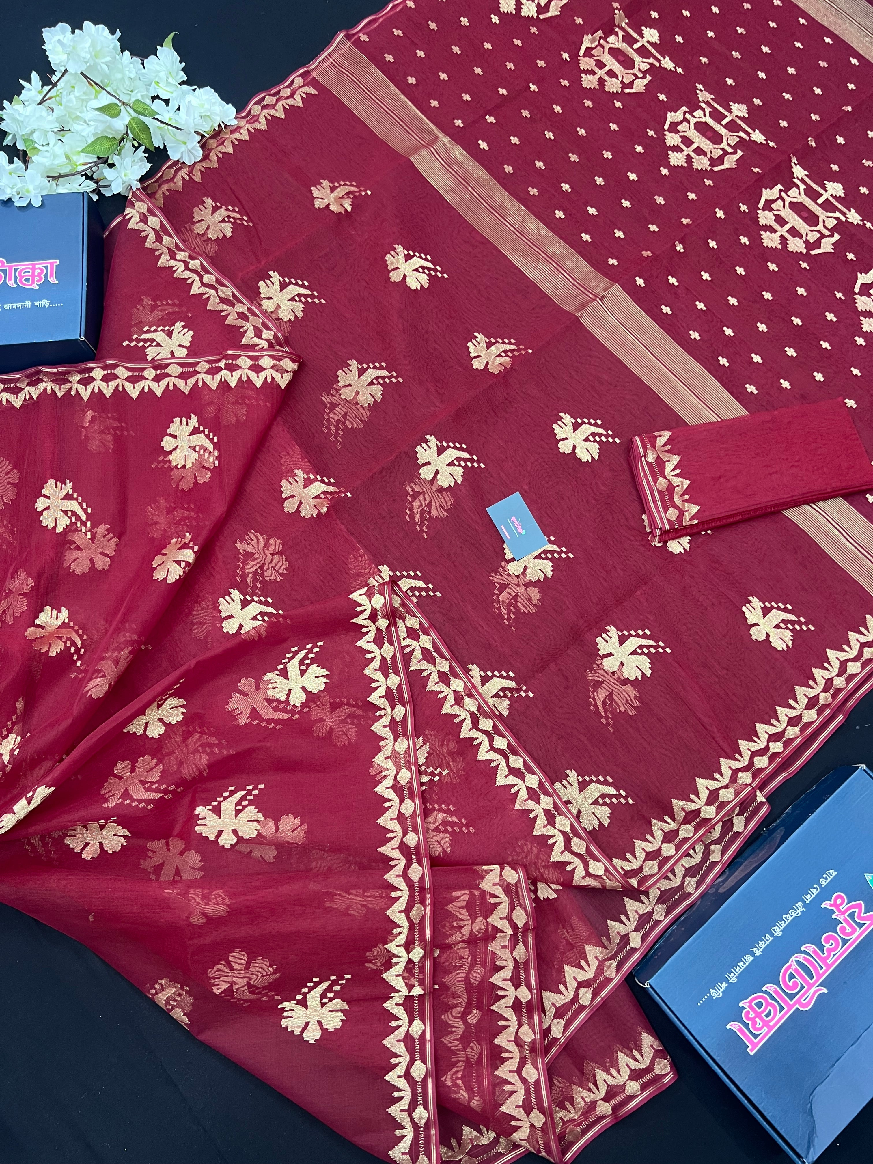Maroon With Golden Original Handloom Halfsilk Dhakai Jamdani