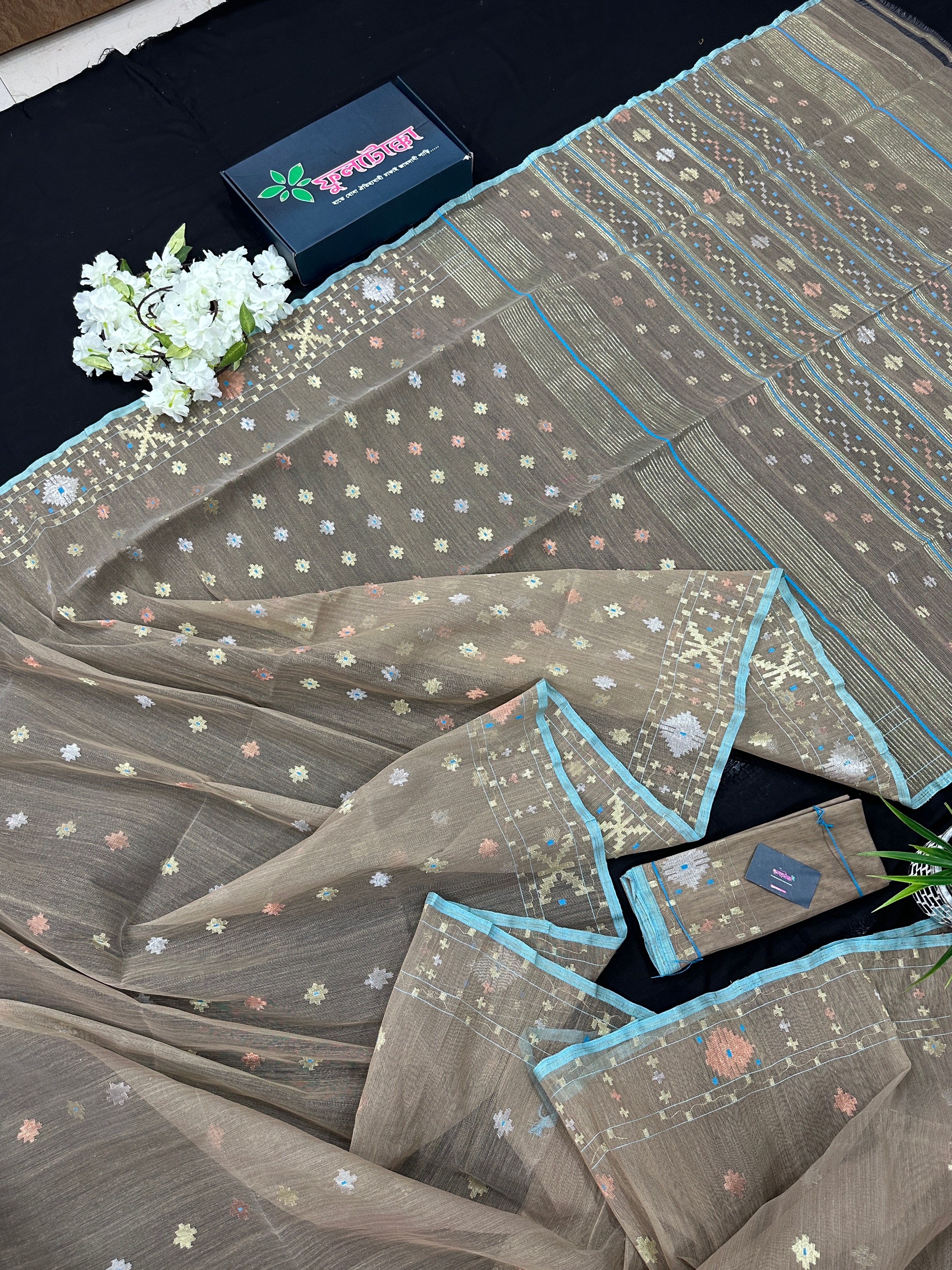 Dull Brown dhakai jamdani saree with golden silver & copper jori work all over work soft count