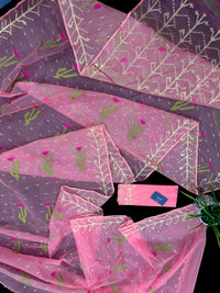 Rosy pink dhakai jamdani saree with golden jori work green thread work and pink flower soft count