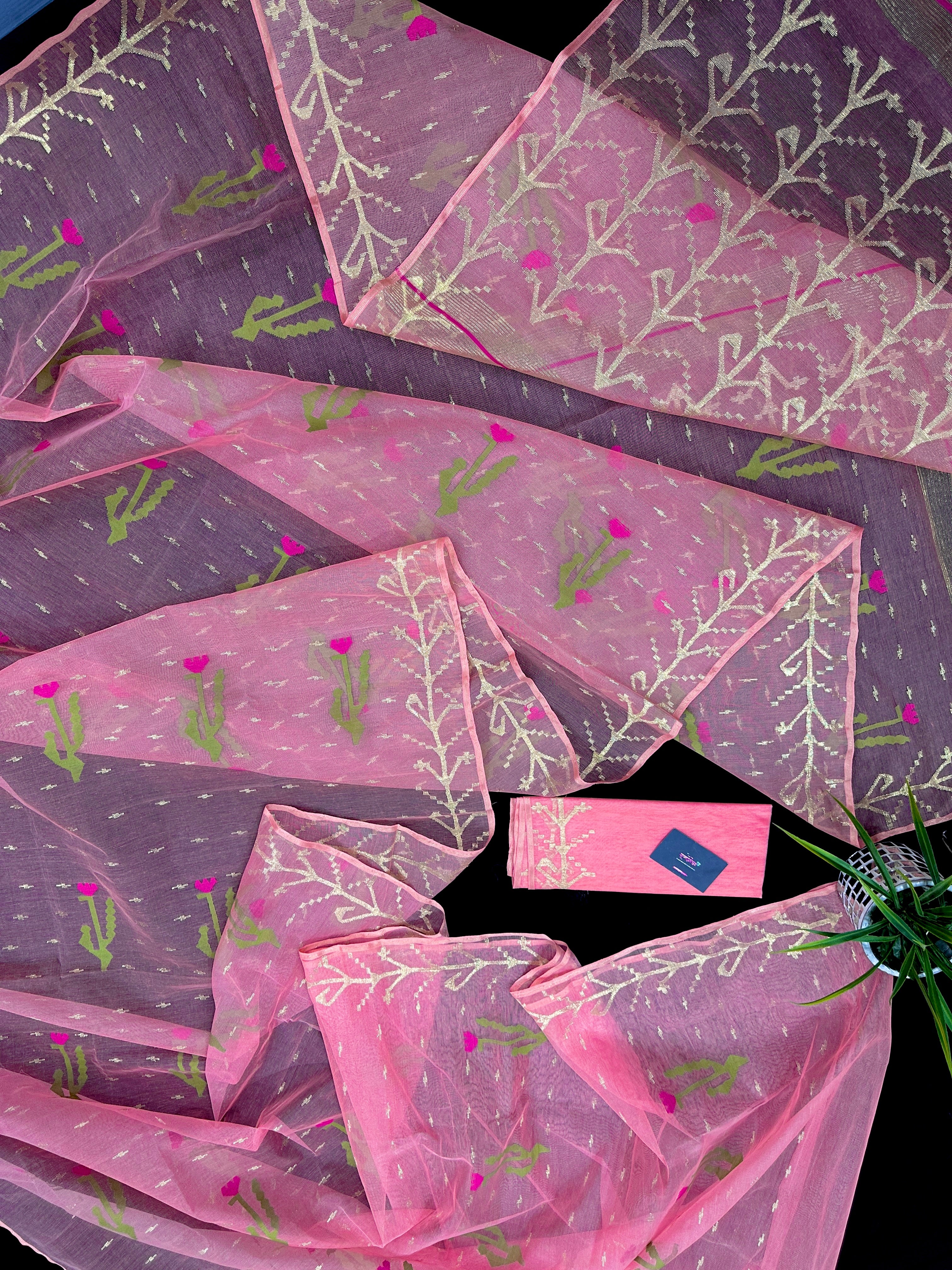 Rosy pink dhakai jamdani saree with golden jori work green thread work and pink flower soft count