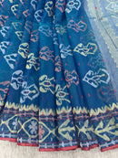 Peacock blue handloom original dhakai Jamdani saree with golden silver & copper jori wori work