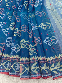 Peacock blue handloom original dhakai Jamdani saree with golden silver & copper jori wori work