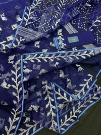 Navy blue jamdani saree with silver jori work soft threads all over work.