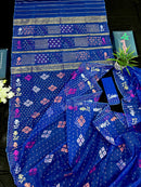 Blue jamdani saree with golden silver & copper jori work also pink jori work