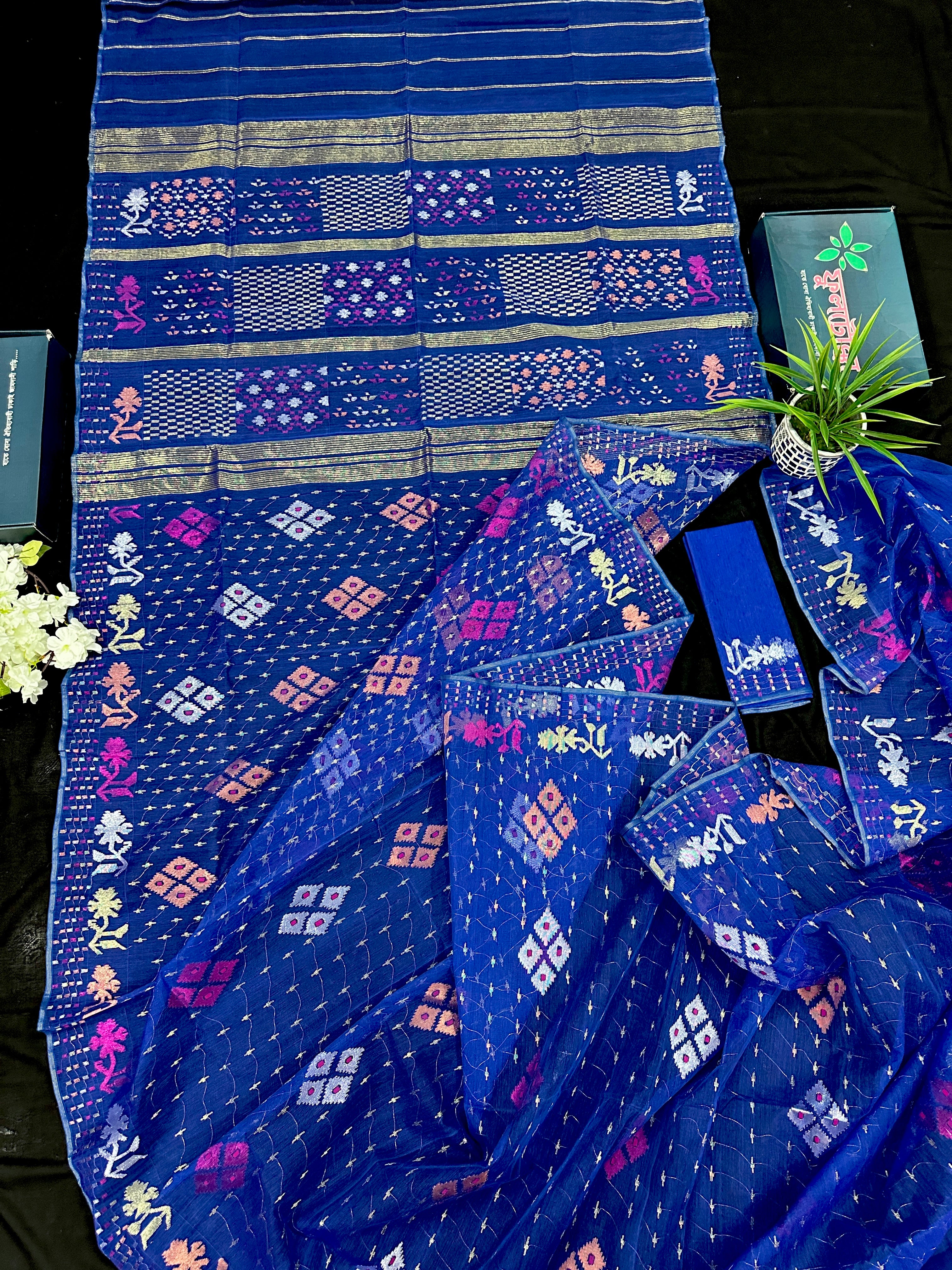 Blue jamdani saree with golden silver & copper jori work also pink jori work