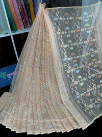 Pearl golden exclusive halfsilk jamdani saree with golden silver & copper jori work