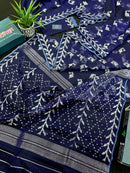Navy blue jamdani saree with silver jori work soft threads all over work.