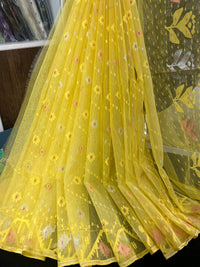 Yellow halfsilk jamdani saree with golden silver & copper jori work and self threads work