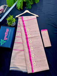 Soft pink halfsilk jamdani saree with golden jori work and pink meena work