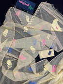 Baby yellow halfsilk jamdani saree with blue pink baby yellow threads work.