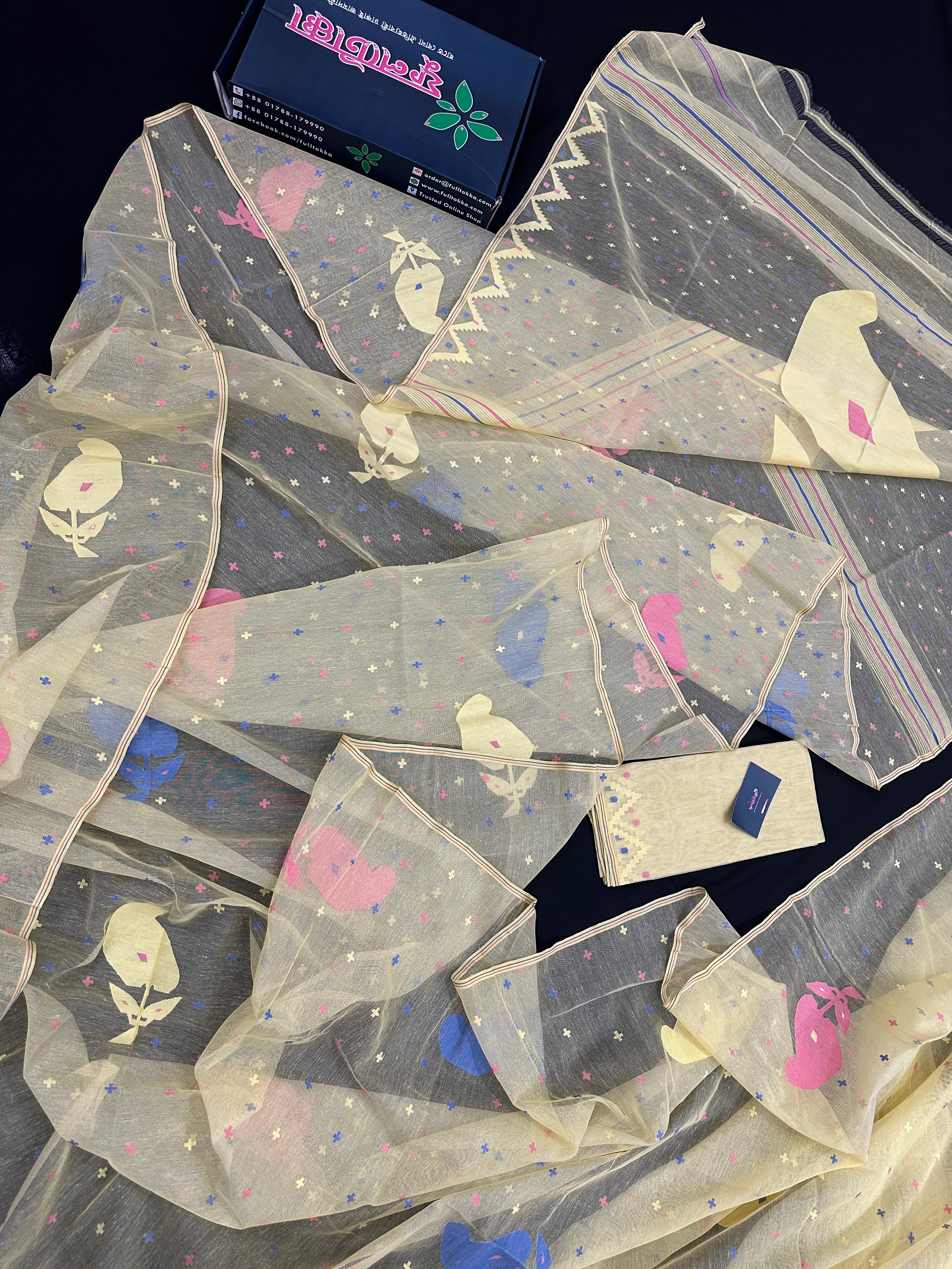 Baby yellow halfsilk jamdani saree with blue pink baby yellow threads work.