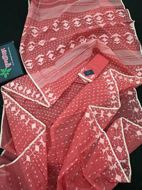Sweet pink cotton jamdani saree with white threads work and blouse piece.