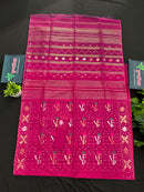 Magenta halfsilk jamdani saree with golden silver & copper jori work aslo green pink threads work