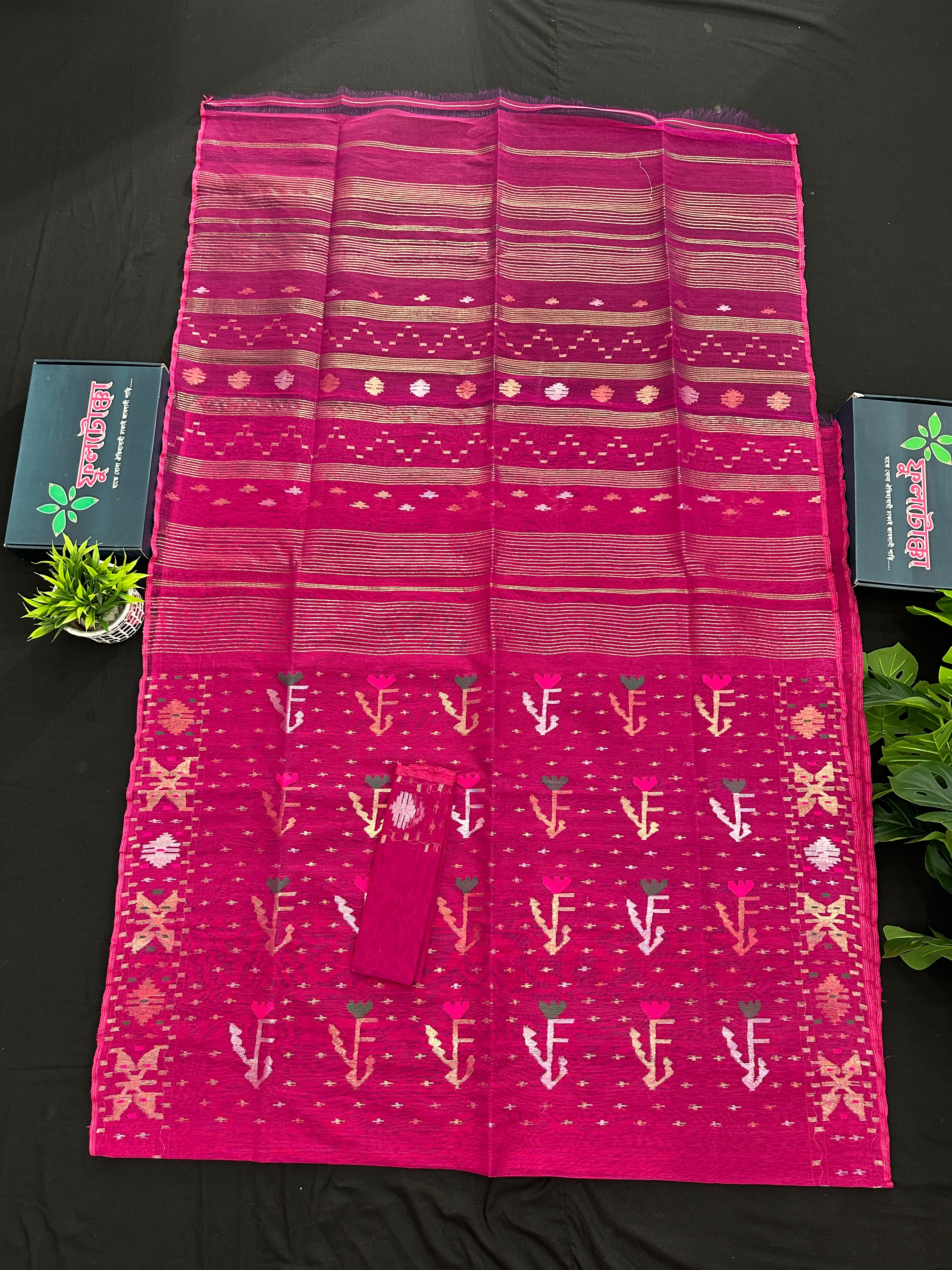 Magenta halfsilk jamdani saree with golden silver & copper jori work aslo green pink threads work