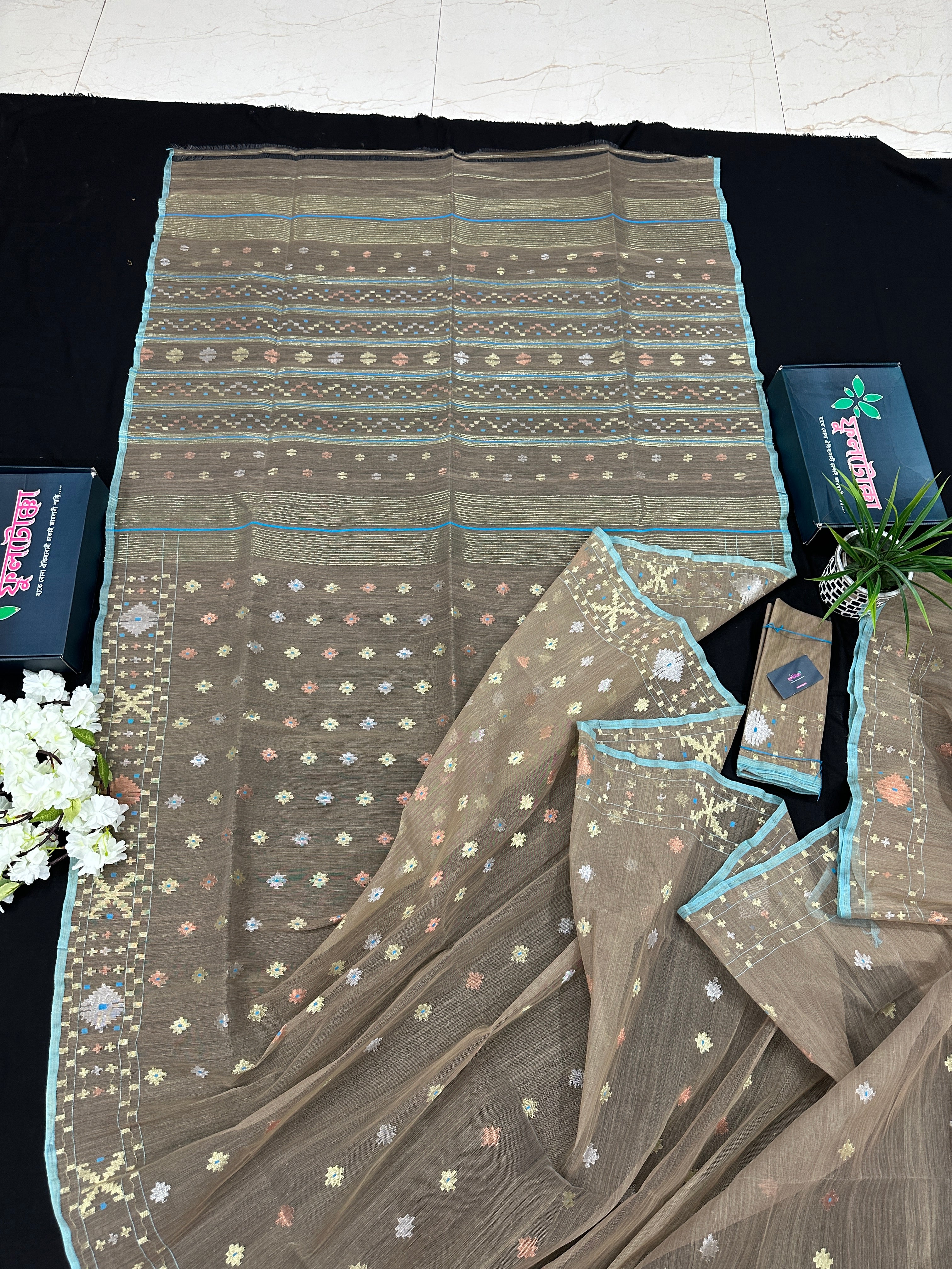 Dull Brown dhakai jamdani saree with golden silver & copper jori work all over work soft count