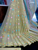 Baby yellow halfsilk jamdani saree with pink blue orange yellow threads work