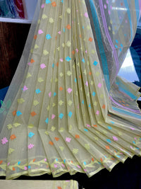 Baby yellow halfsilk jamdani saree with pink blue orange yellow threads work