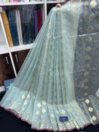 Powder Blue Original Handloom Hslfsilk Dhakai Jamdani With Golden Jori Work