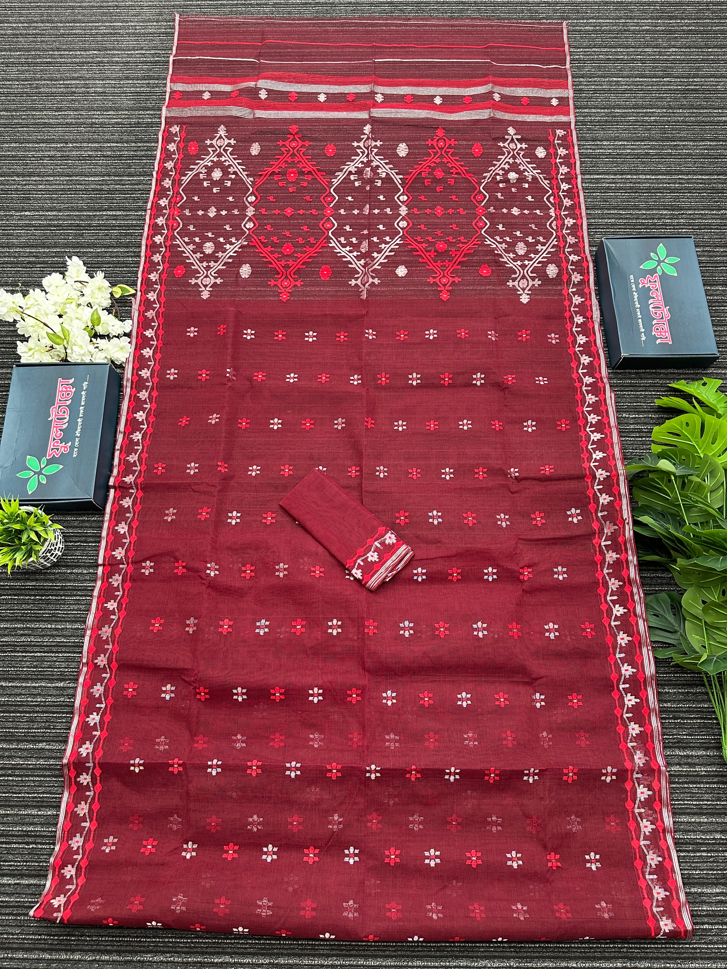 Maroon semi bridal cotton jamdani saree with silvery jori work maroon threads work