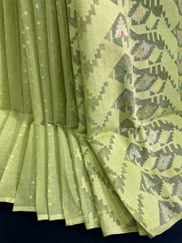 Olive jamdani saree with white threads work and self threads work