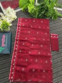 Maroon semi bridal cotton jamdani saree with silvery jori work maroon threads work